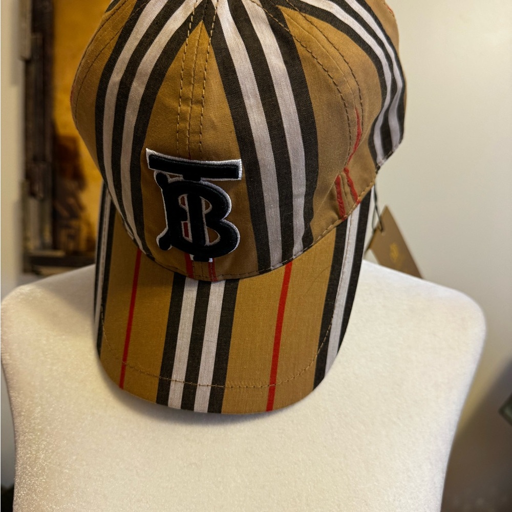 Burberry Striped Cap in Brown, Black, and White